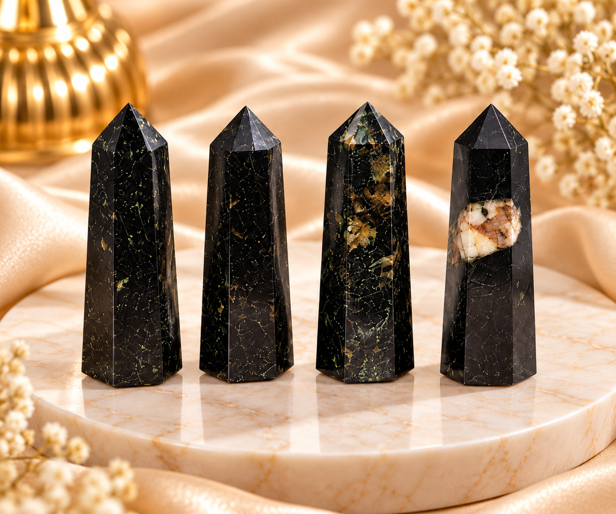4-Piece Black Tourmaline Tower Set – Protection, Grounding & Positive Energy